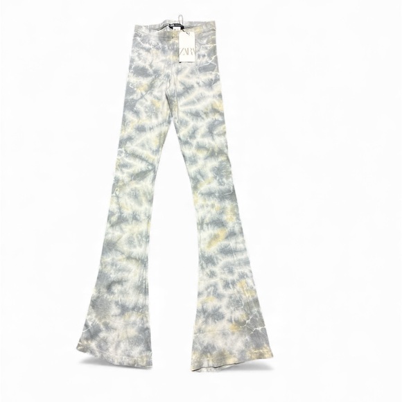 ZARA Women Elastic Waist Mid-Rise Knit Flared Pants medium Gray/Yellow Tie-Dye - Picture 2 of 3